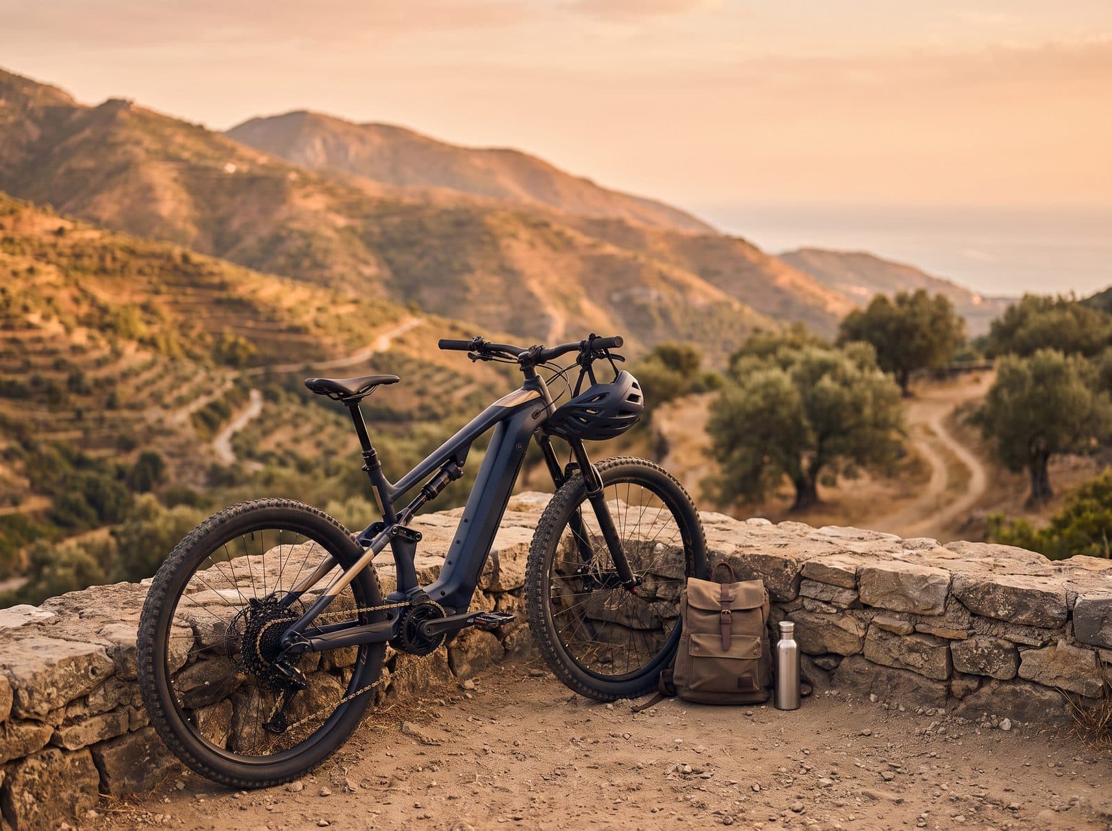 E-bike parcheggiata su un belvedere dei Peloritani al tramonto
