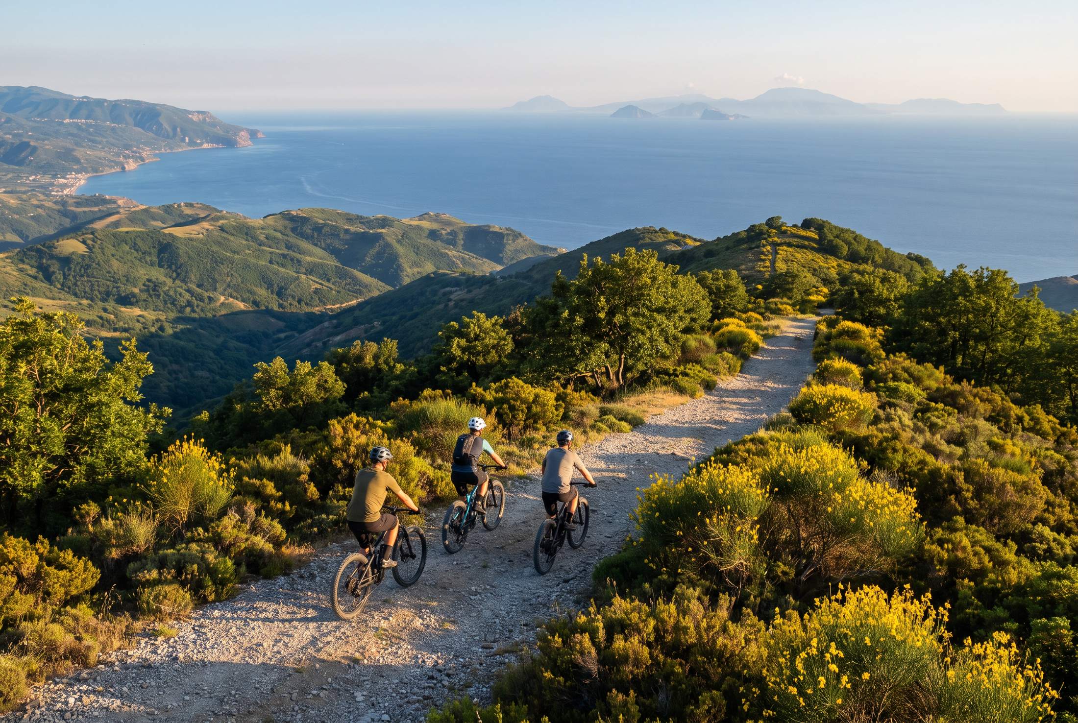 Tre ciclisti in e-bike su un sentiero dei Monti Peloritani con vista sul mare e sulle Isole Eolie