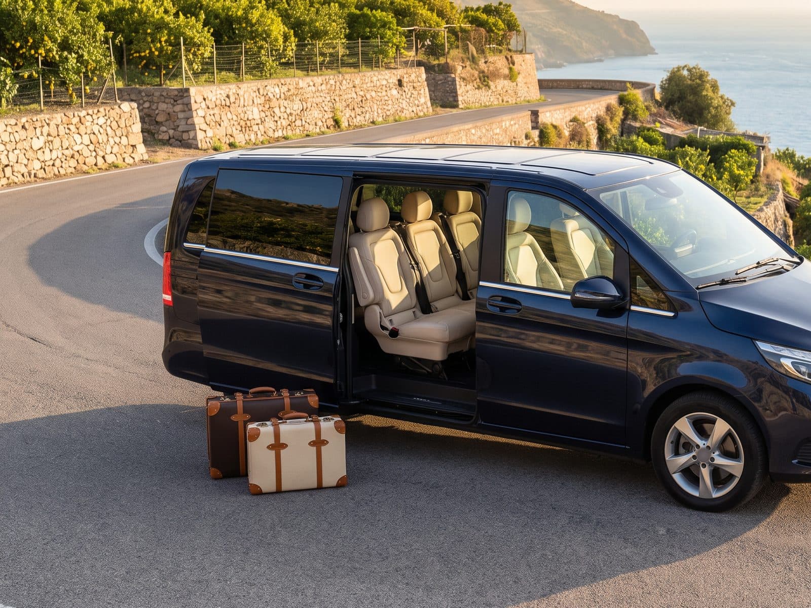 Minivan per il servizio navetta parcheggiato su una strada costiera della Sicilia